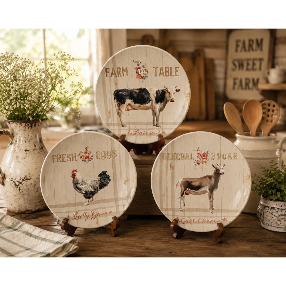 Certified International Farmhouse Luncheon Plates Set Of 3 Cow, Goat, Chicken.